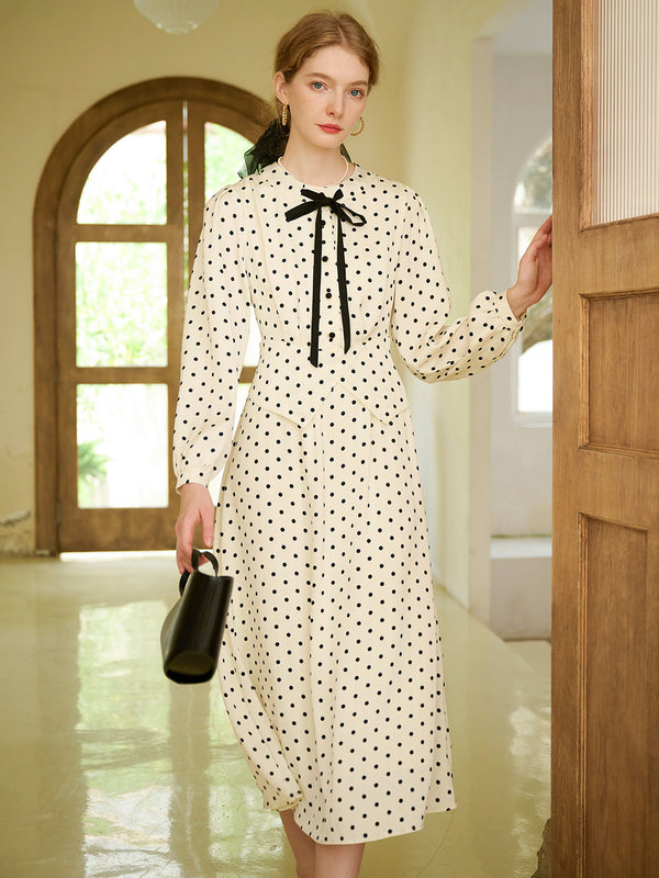 Carla Elegant Retro Polka Dot Contrast Color Bow Dress