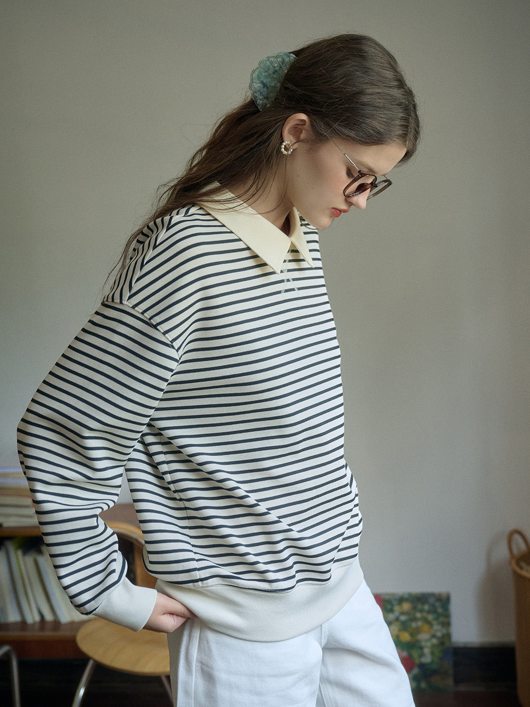 Luella SR Logo Embroidered Contrast Collar Striped Sweatshirt
