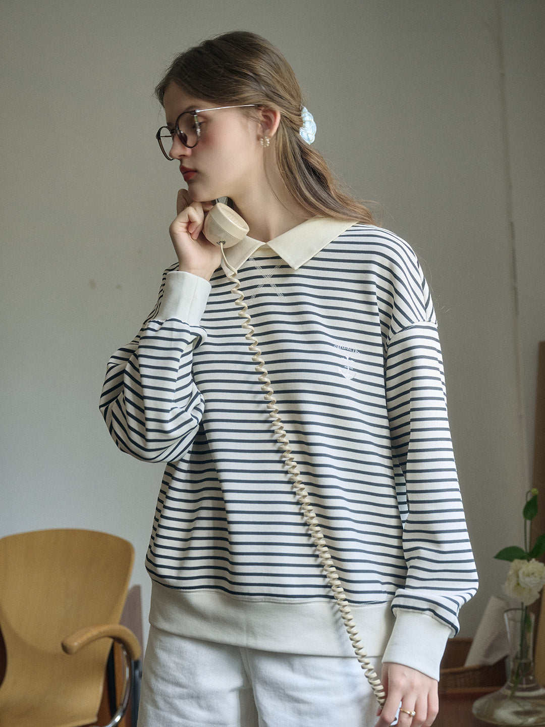 Luella SR Logo Embroidered Contrast Collar Striped Sweatshirt