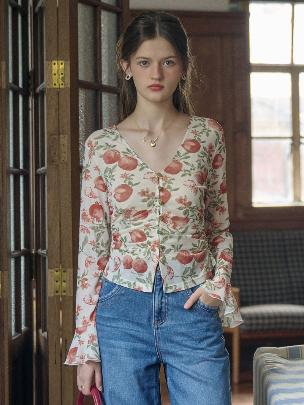 Simple Retro Lilith Pomegranate Print Lace Blouse