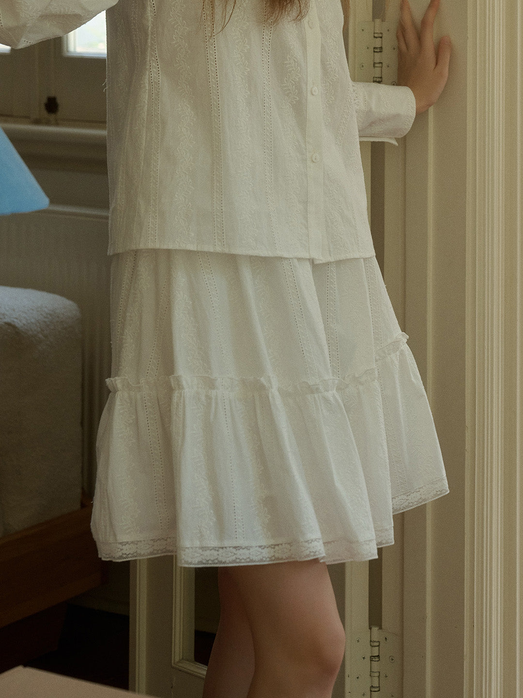 Eileen Sweet Floral Embroidered Trim Hollow Lace Cotton Puffy Skirt