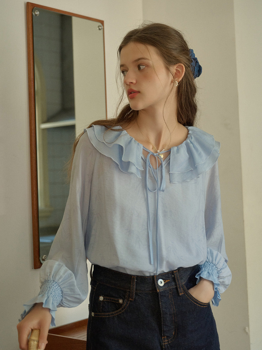 Kelsey Bamboo Leaf Printed Double-layer Ruffle Collar Tie-Up Lantern Sleeve Trim Blouse (with Lined Top) - Blue