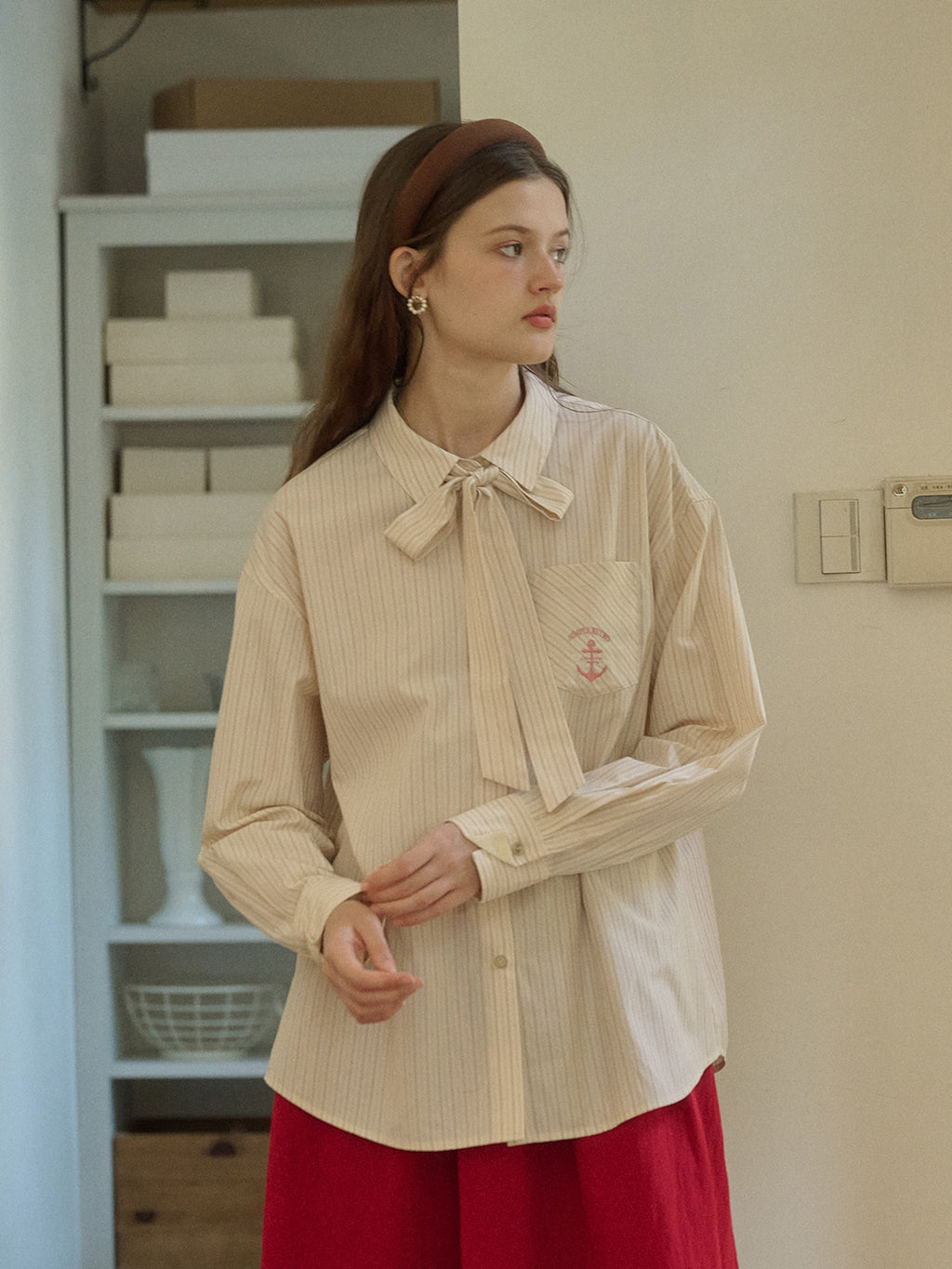 Violeta Classic Lapel Bow Anchor Embroidery Pocket Stripe Shirt