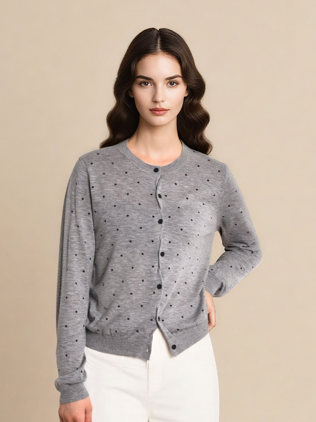Camilla Round Neck Dot Wool Cardigan
