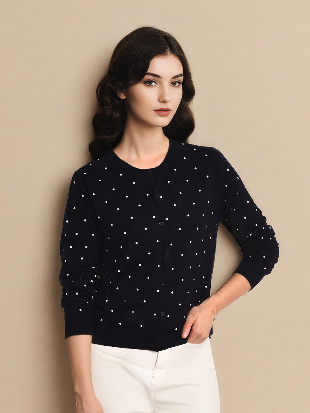 Camilla Round Neck Dot Wool Cardigan
