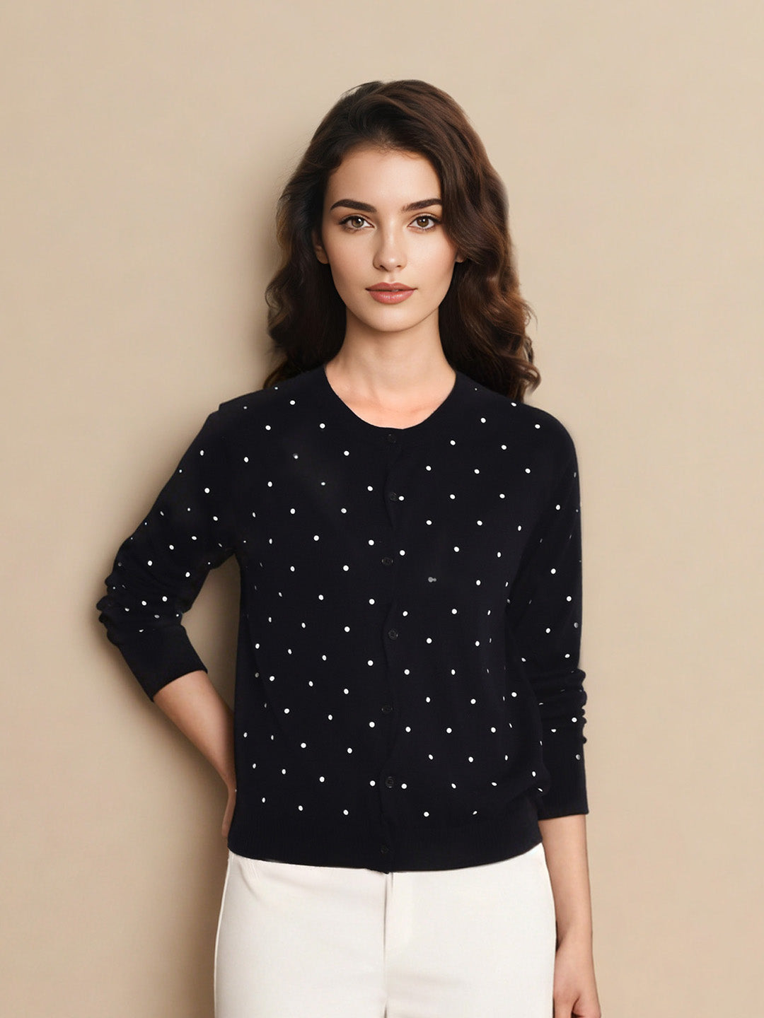 Camilla Round Neck Dot Wool Cardigan