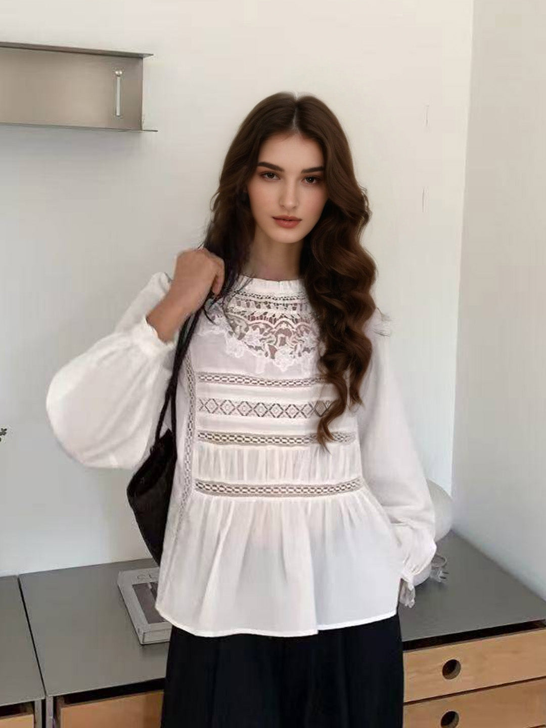 Amora Stand Collar Lace Trim Bell Sleeves Blouse