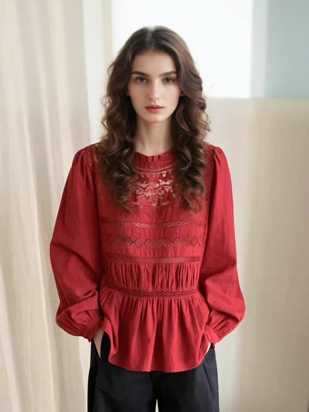 Amora Stand Collar Lace Trim Bell Sleeves Blouse