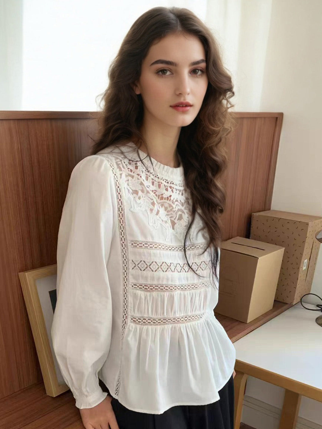 Amora Stand Collar Lace Trim Bell Sleeves Blouse