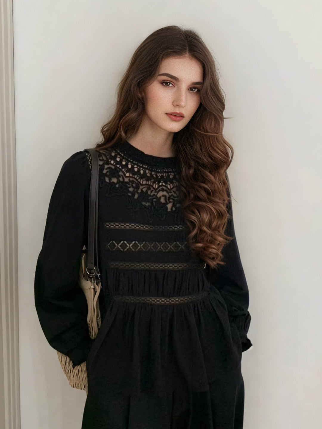 Amora Stand Collar Lace Trim Bell Sleeves Blouse