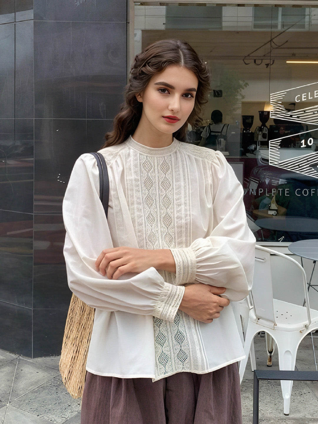Emory Stand Collar Lace Trimmed Blouse