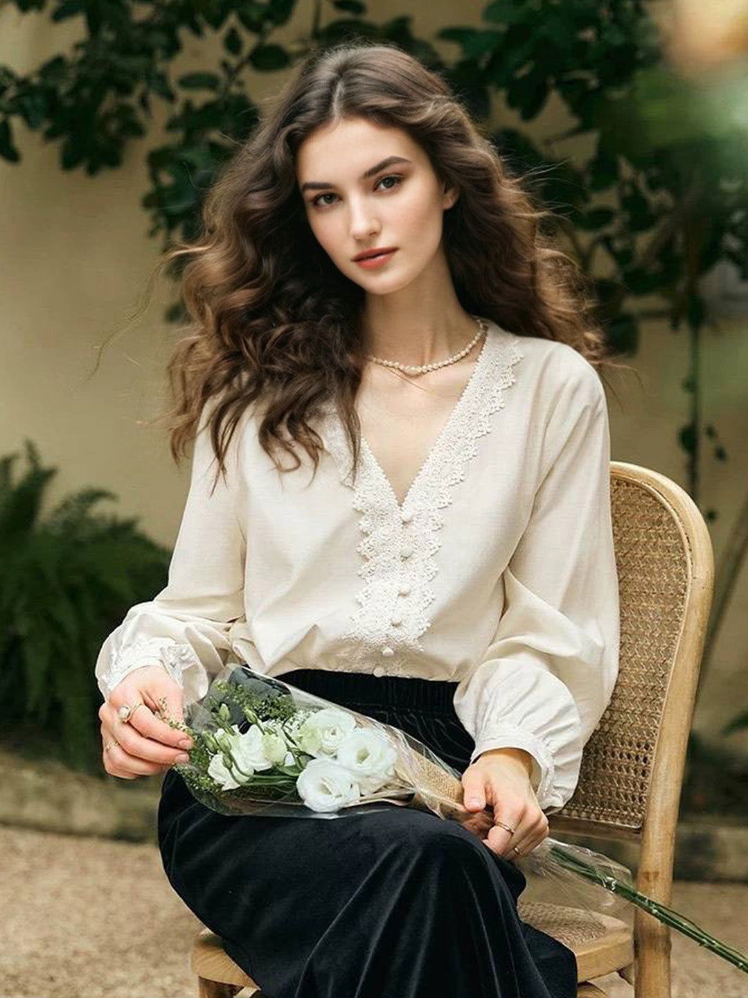 Heidi V-Neck Lace Embroidery Blouse