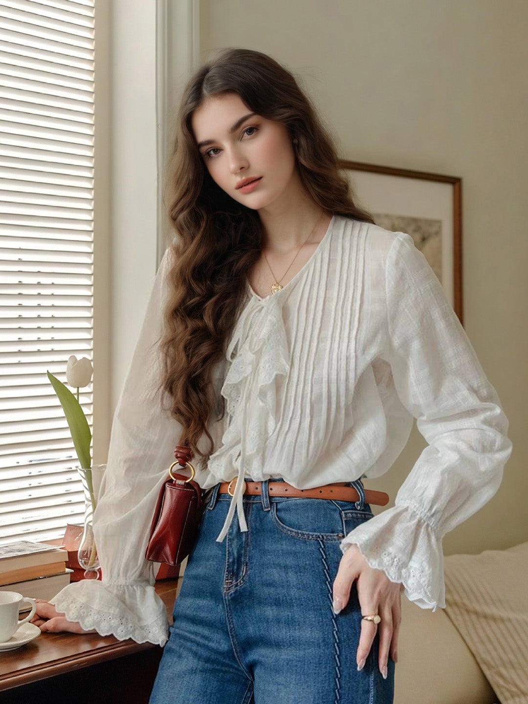 Jayla V-Neck Pleats Trumpet Sleeve Blouse