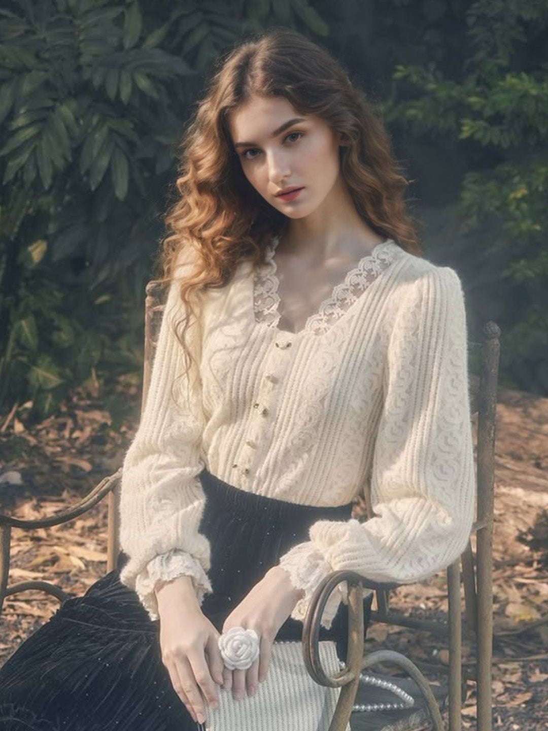 Logan Wavy Neck Lace Embroidery Knit Cardigan