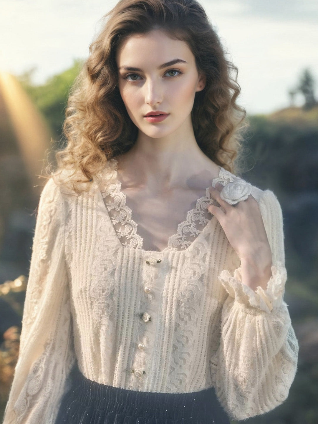 Logan Wavy Neck Lace Embroidery Knit Cardigan