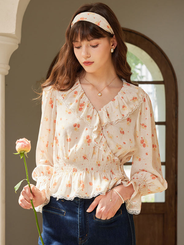 Aubriella V Neck Lace Panel Floral Print Blouse