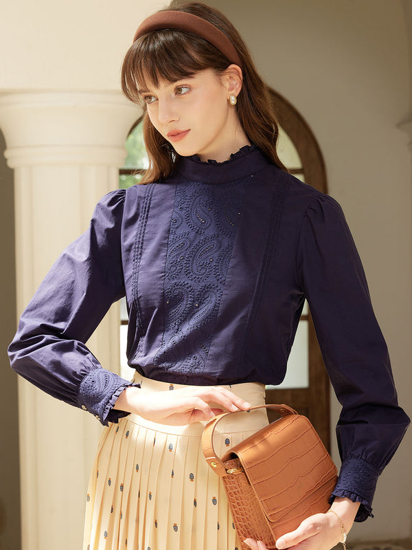 Maleah Mock Collar Embroidered Panel Blouse