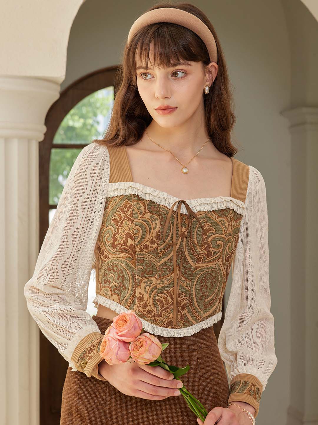 【Holiday Sale】Magdalena Retro Square Collar Contrast Lace Panel Blouse