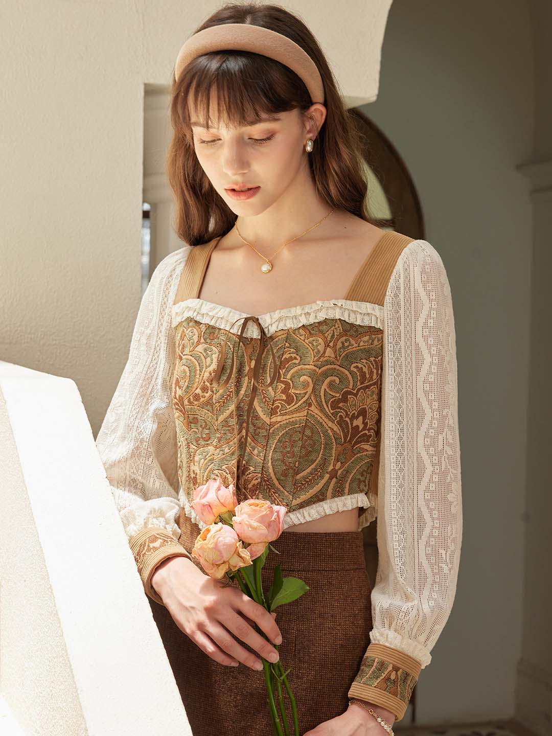 【Holiday Sale】Magdalena Retro Square Collar Contrast Lace Panel Blouse