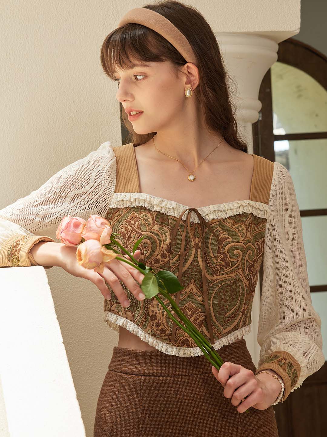 【Holiday Sale】Magdalena Retro Square Collar Contrast Lace Panel Blouse