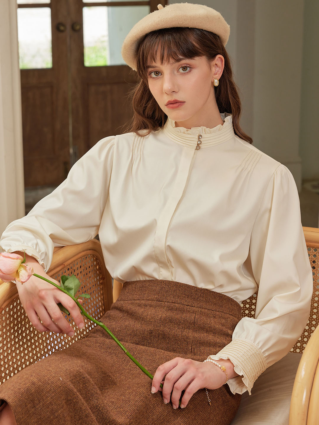 【Holiday Sale】Winona Vintage Court Stand Collar Lace Stitching Blouse