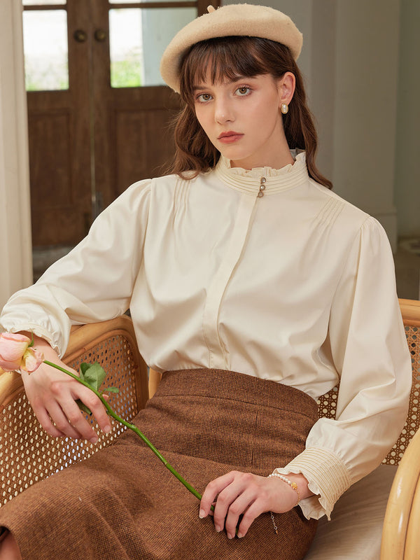 Winona Vintage Court Stand Collar Lace Stitching Blouse