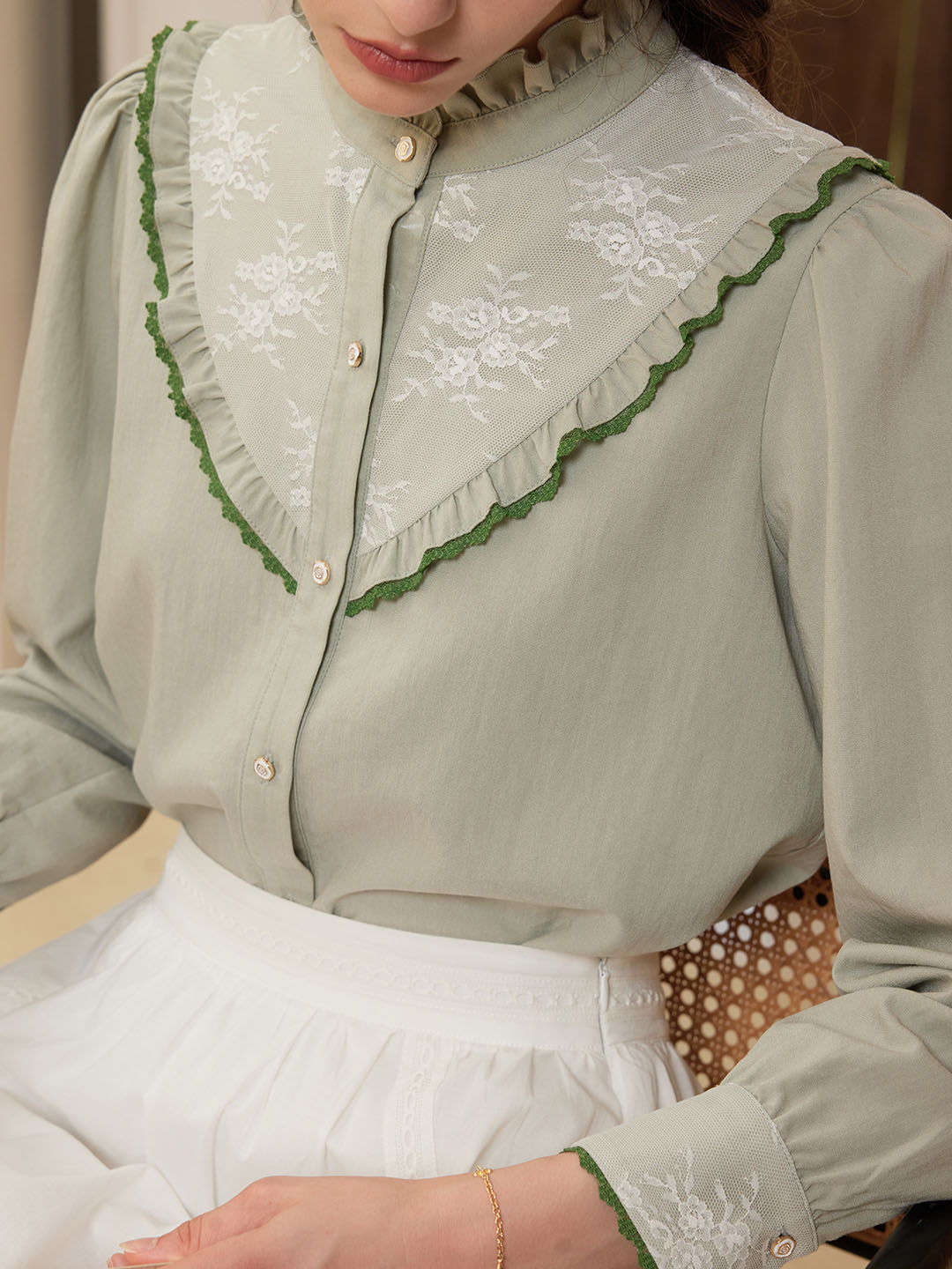 Vida Frill Trim Contrast Embroidered Blouse