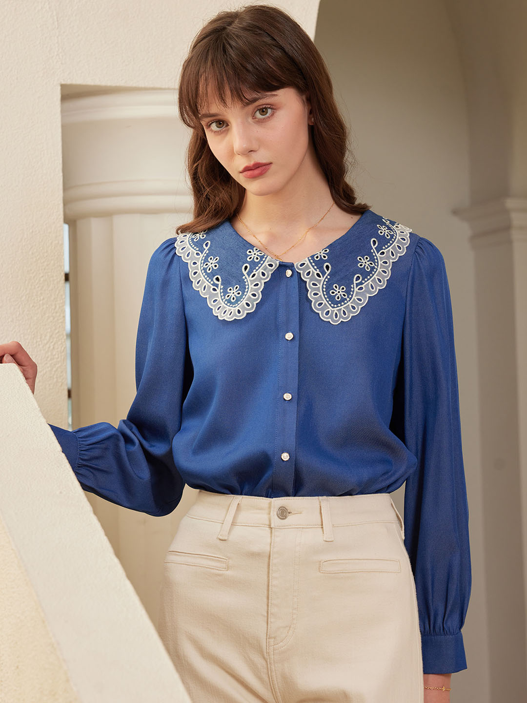 Scarlette Contrast Lace Peter Pan Collar Button Front Blouse
