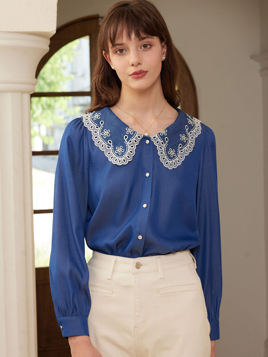 Scarlette Contrast Lace Peter Pan Collar Button Front Blouse
