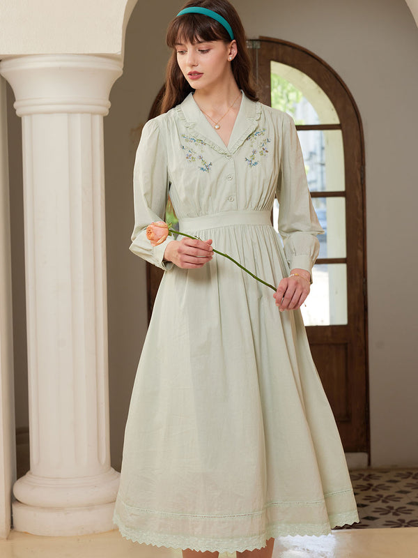 Rowyn Floral Embroidery Lapel Collar Cotton Dress