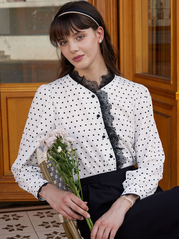 Rosalina Polka Dot Contrast Lace Panel Blouse