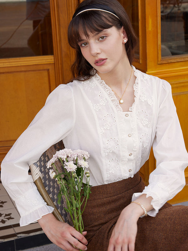 Nyra Lace Panel Embroidery Ruffle Sleeve Cotton Blouse