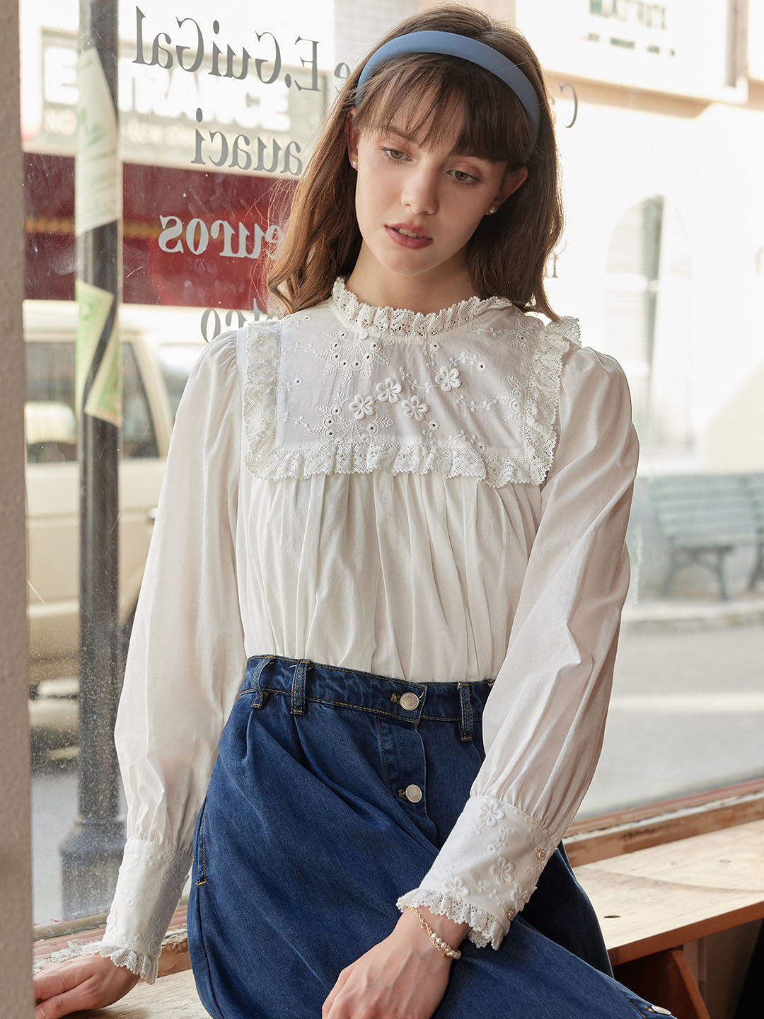 Keily Frill Trim Mock Neck Embroidered Cotton Blouse