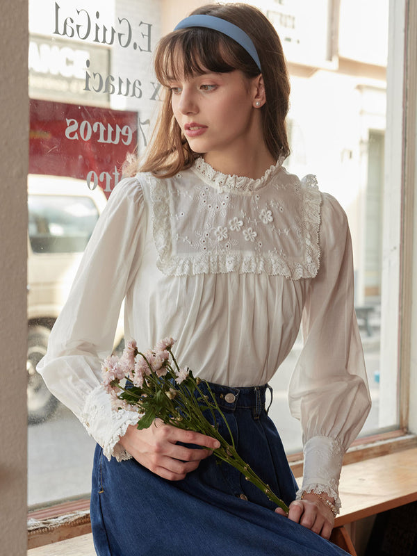 Keily Frill Trim Mock Neck Embroidered Cotton Blouse