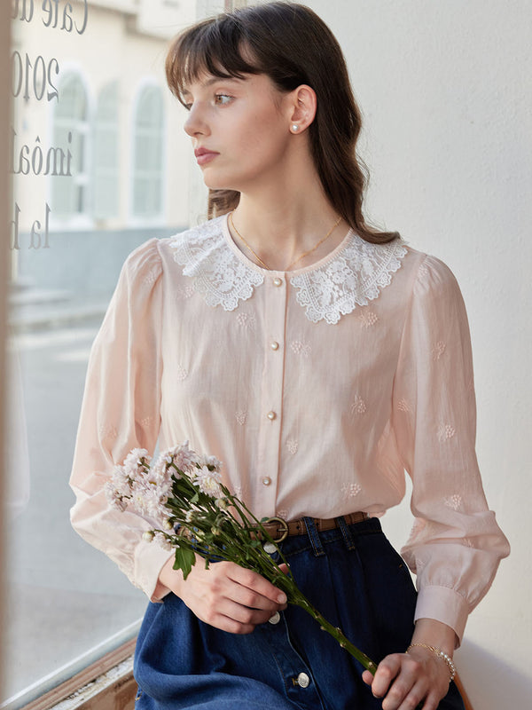 【Final Sale】Neriah Raspberry Embroidered Peter Pan Collar Cotton Blouse