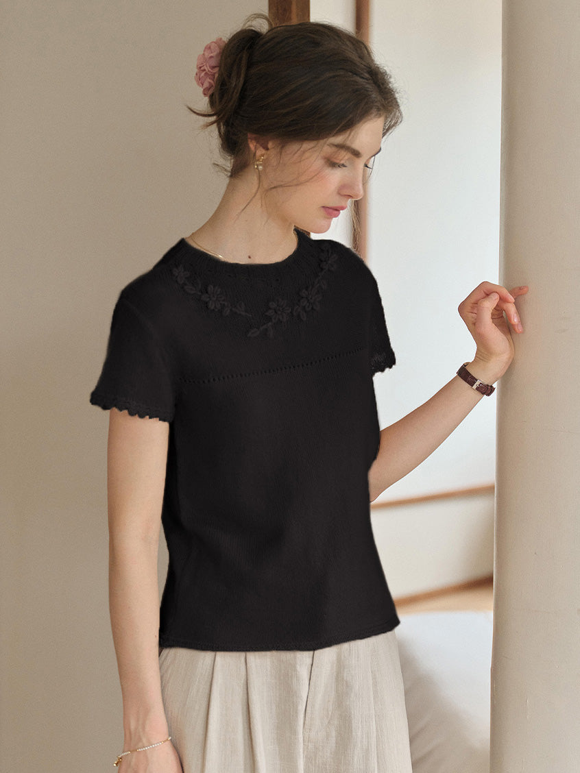 Ellianna Round Neck Lace Embroidery Knitwear