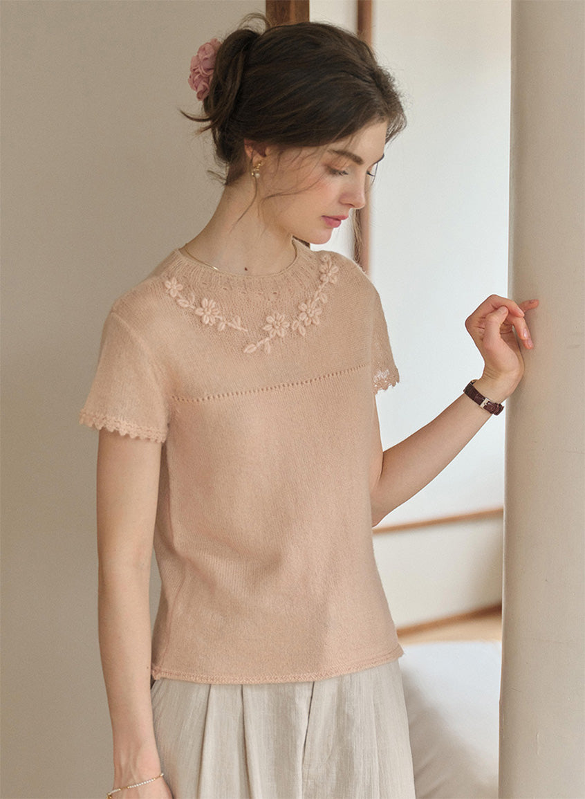 Ellianna Round Neck Lace Embroidery Knitwear
