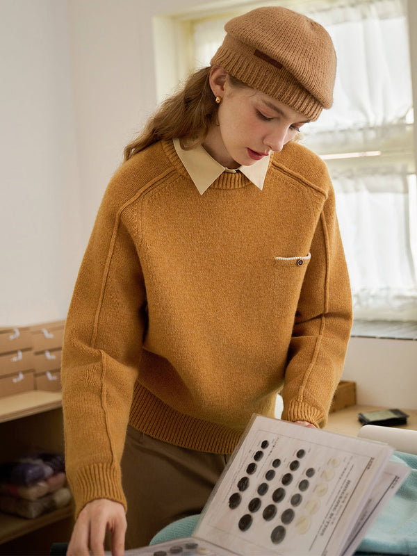 Natalie Solid Raglan Sleeve Pocket Patched 100% Wool Sweater