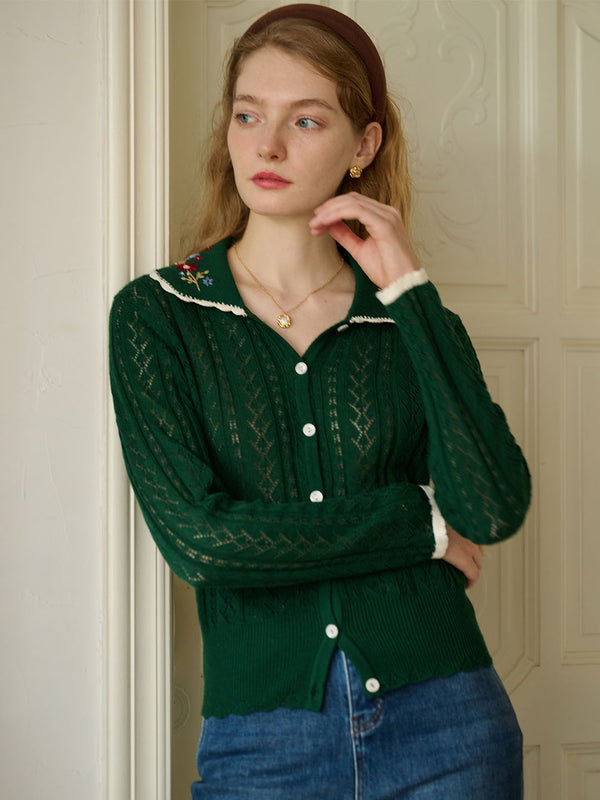 Shay Peter Pan Collar Embroidered Contrast Cutout Cardigan-Green