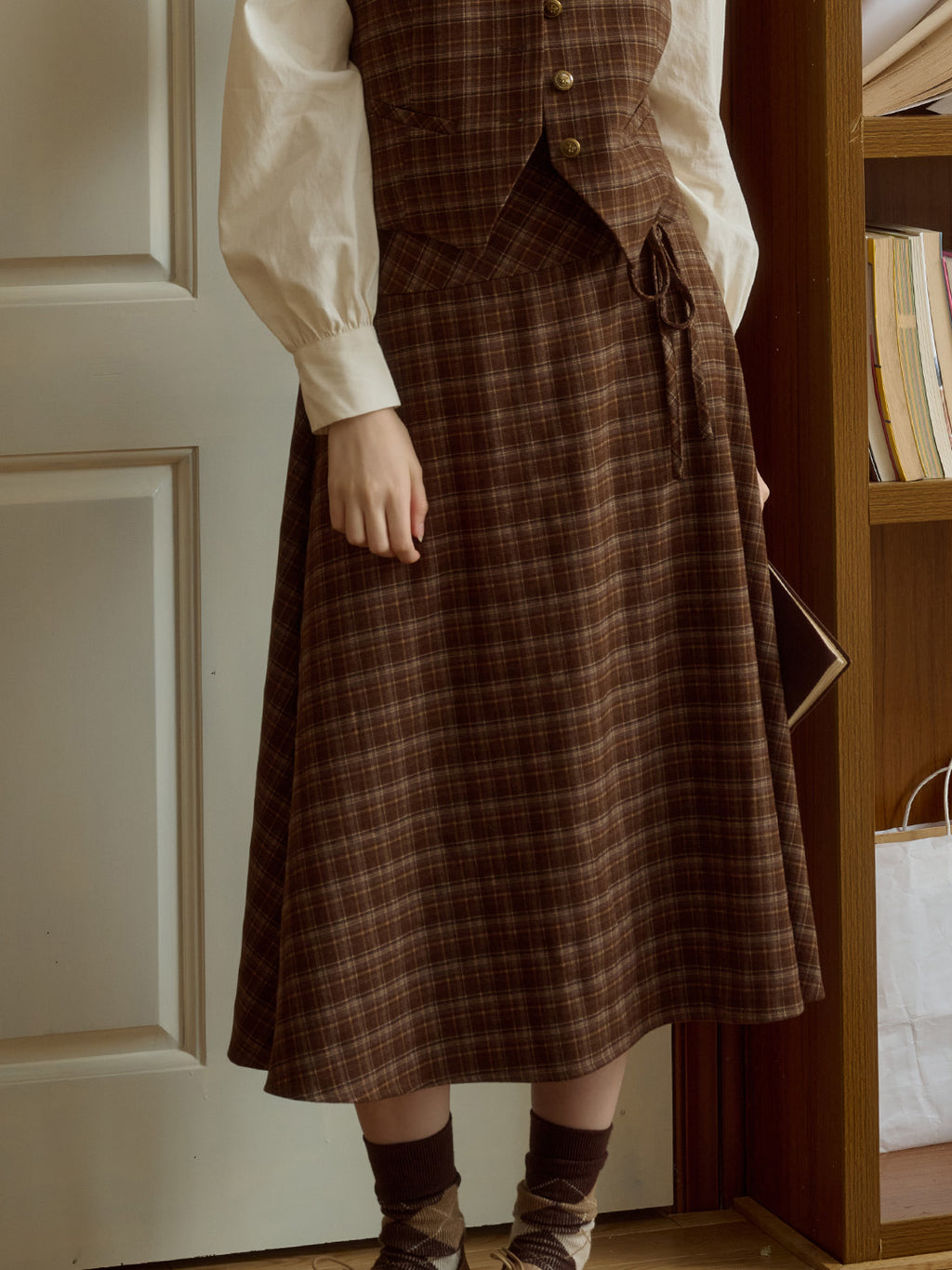 Adalee Vintage Brown Plaid Bow A-Line Skirt, Brown / L