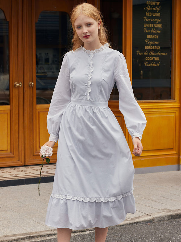 【Final Sale】Zoe Solid Ruffle Trim Button Front Cotton Dress