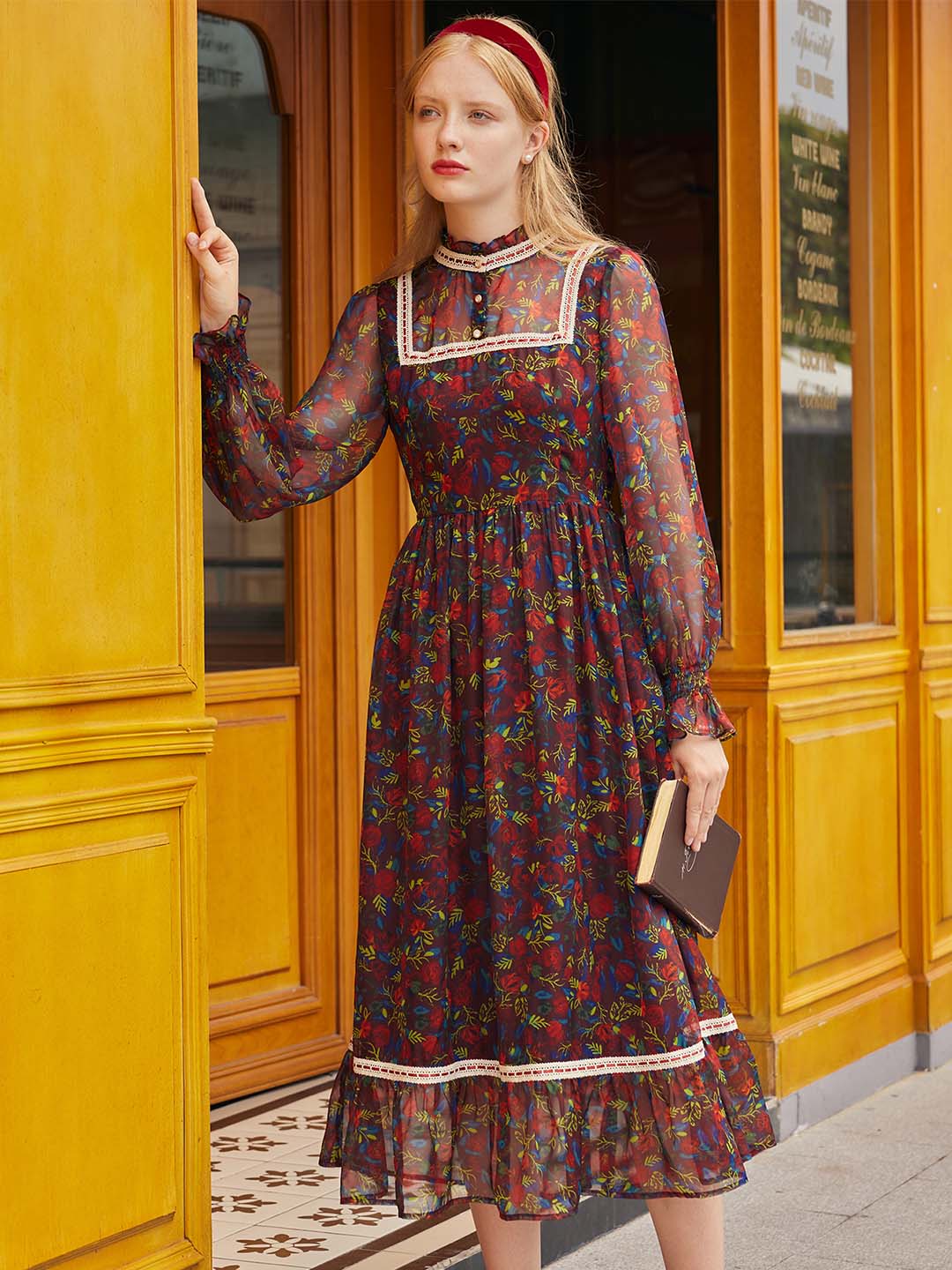 【Final Sale】Isabel Floral Print Guipure Lace Insert Flounce Sleeve Ruffle Hem Dress