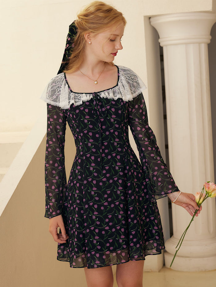 Lace Patchwork Square Collar Mini Dress main image 0