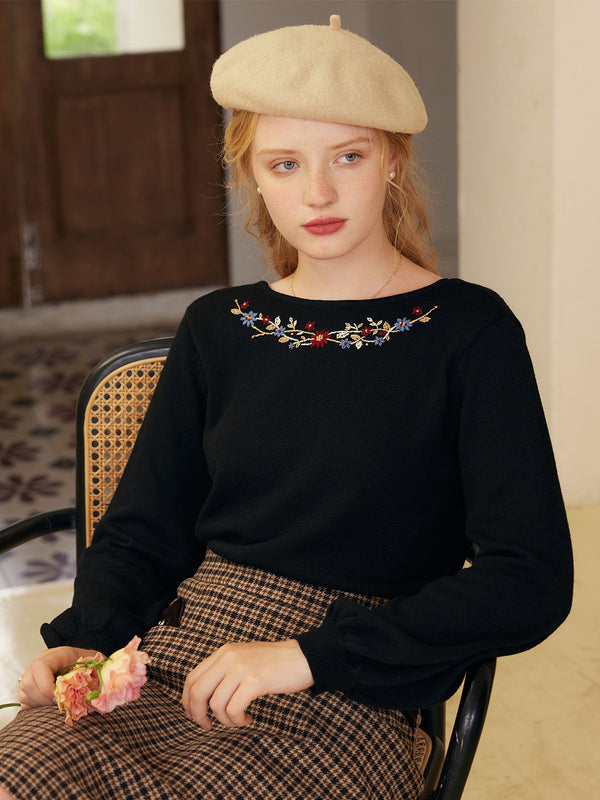 Layla Floral Embroidery Lantern Sleeve Sweater