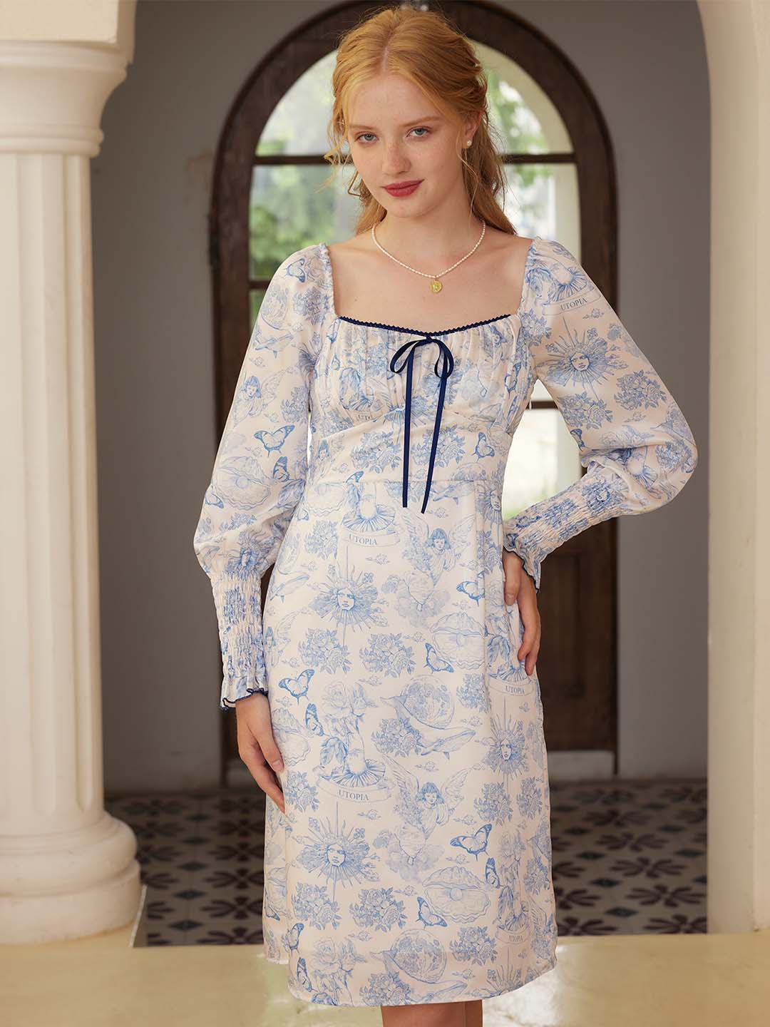 【Final Sale】Mila Elegant Square Neck Contrast Print Dress
