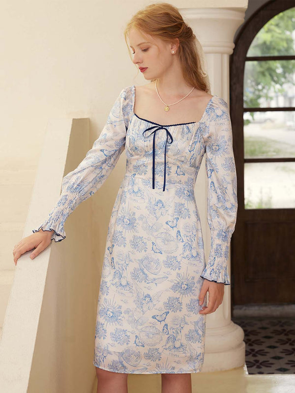 Mila Elegant Square Neck Contrast Print Dress