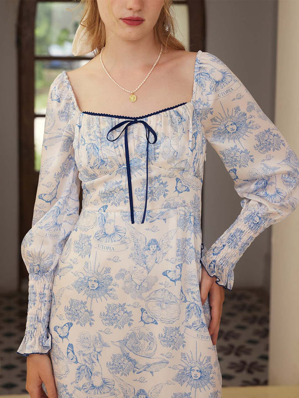 Mila Elegant Square Neck Contrast Print Dress