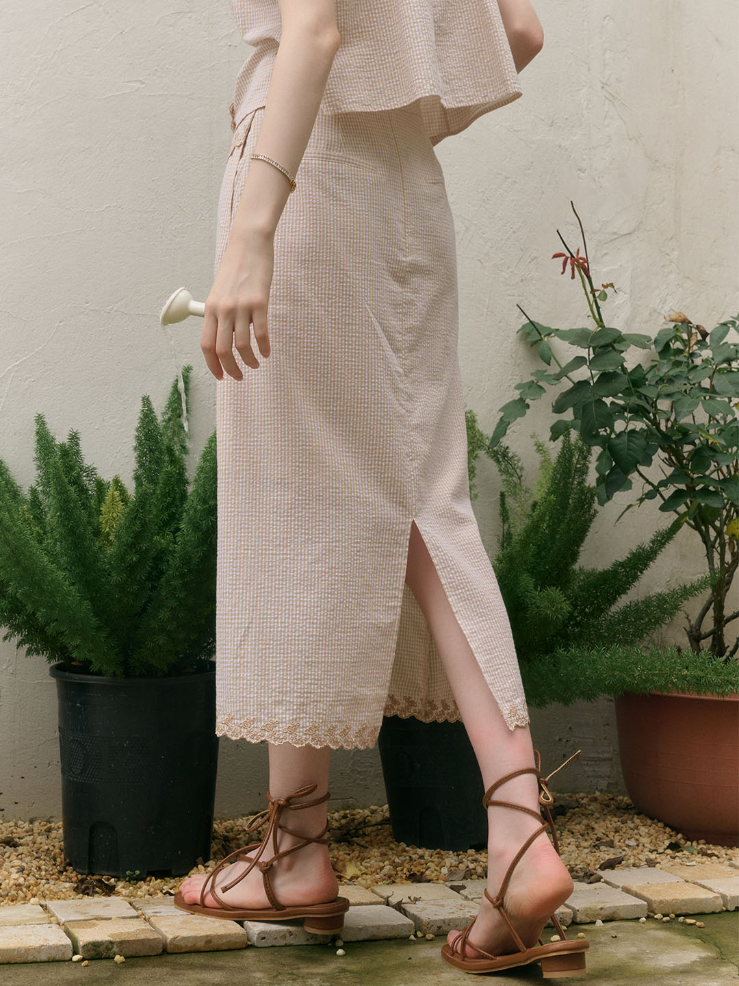 Briana Double Breasted Buttons Wavy Embroidered Checked Cotton Skirt