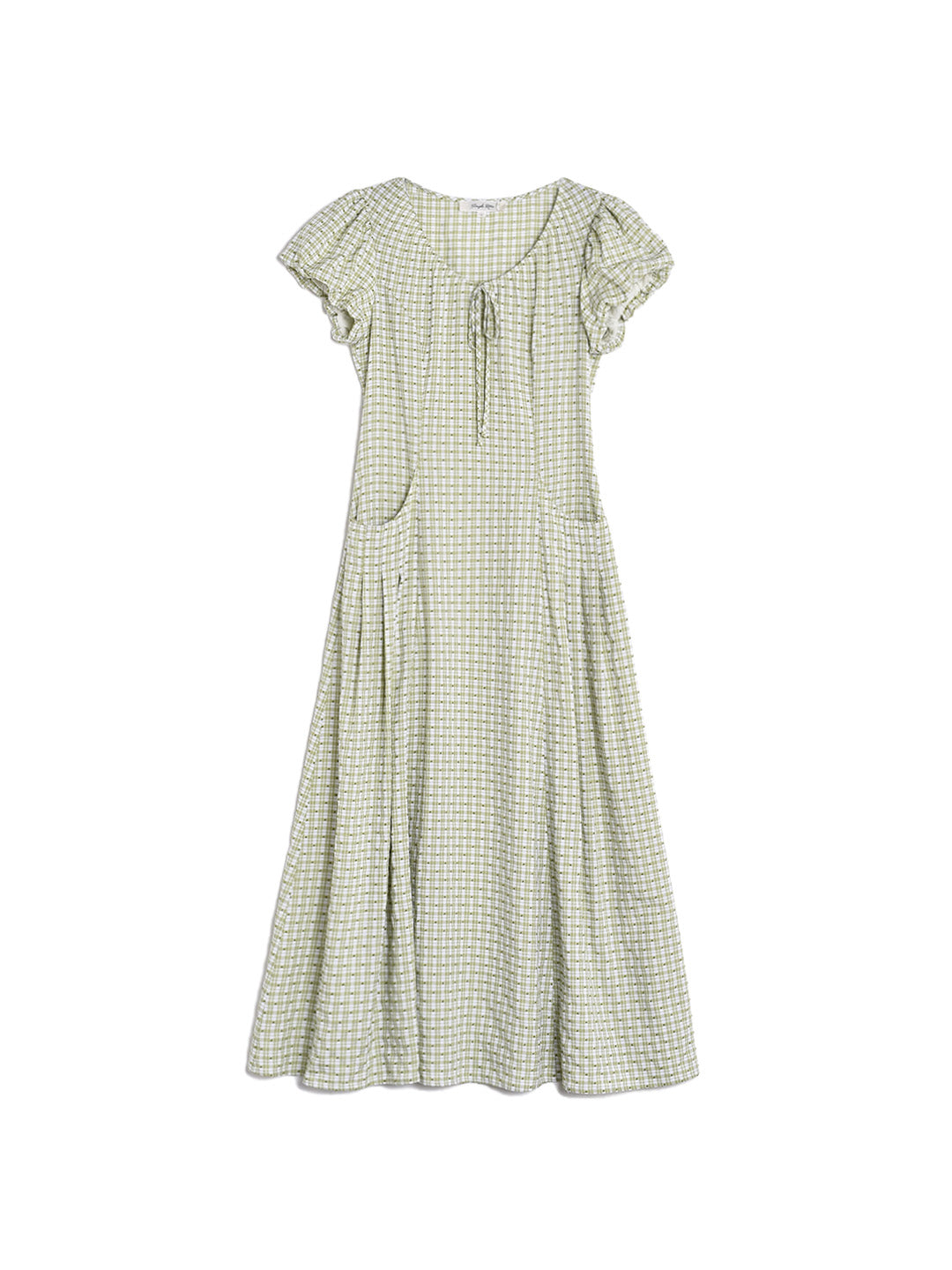 Willow Round Neck Plaid Puff Sleeve Viscose Dress - Green