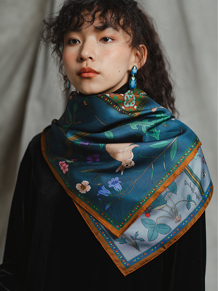 Chowxiaodou 16 Momme Large Square Slik Twill Scarf 106*106-Vintage Blue